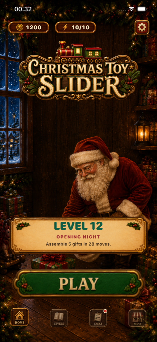 Home screen with the Christmas Toy Slider logo, coins, energy and a green Play button