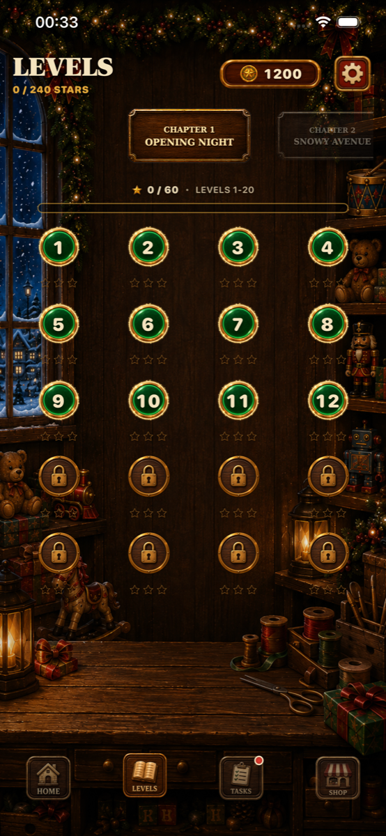 Level map showing chapter one, Opening Night, with numbered level nodes and star ratings