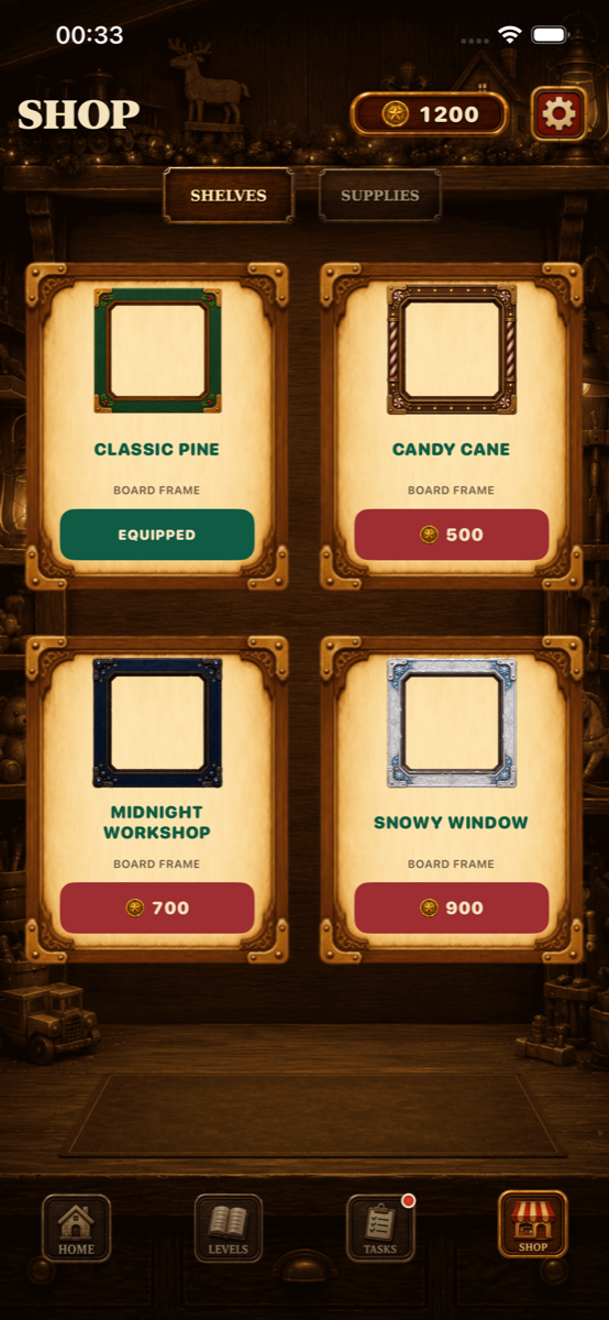 Shop screen showing four board frames — Classic Pine, Candy Cane, Midnight Workshop and Snowy Window