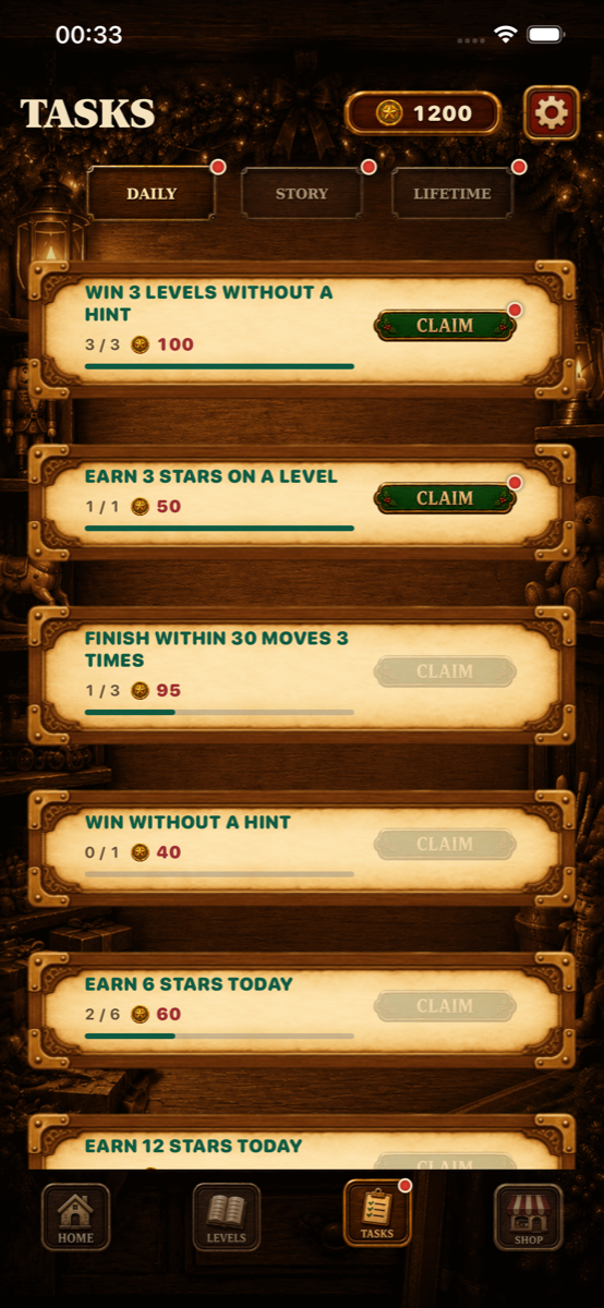 Task board with daily, story and lifetime tabs and claimable coin rewards